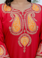 Vellora Viscose Rayon Red Casual Wear Embroidery Work Readymade Salwar Suit | Grocsy