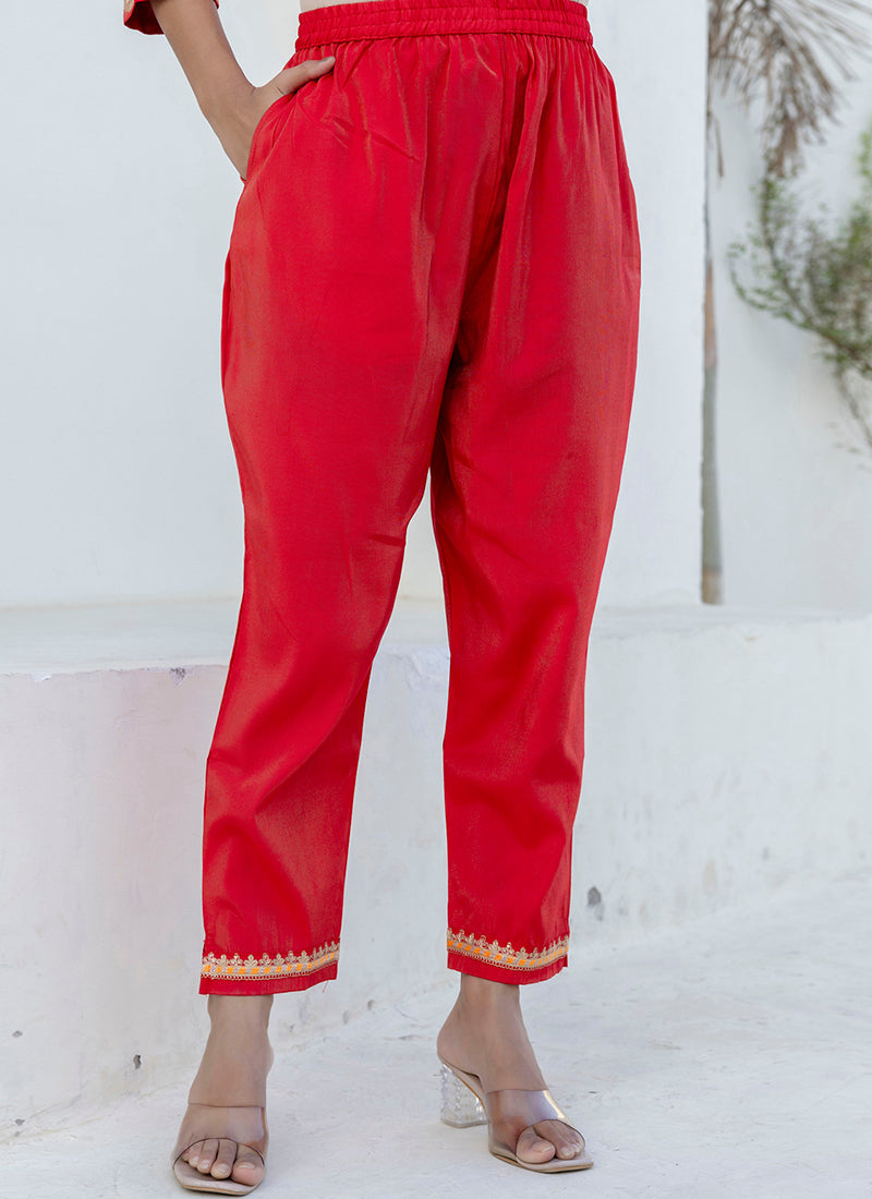 Vellora Viscose Rayon Red Casual Wear Embroidery Work Readymade Salwar Suit | Grocsy