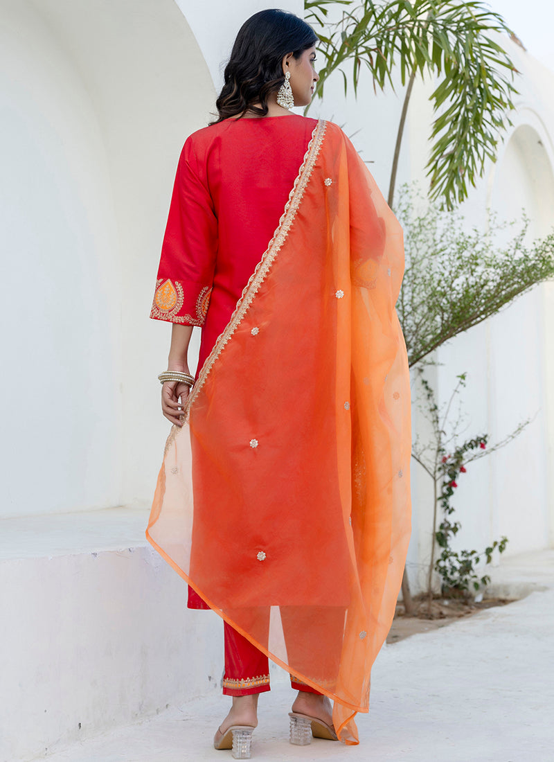 Vellora Viscose Rayon Red Casual Wear Embroidery Work Readymade Salwar Suit | Grocsy