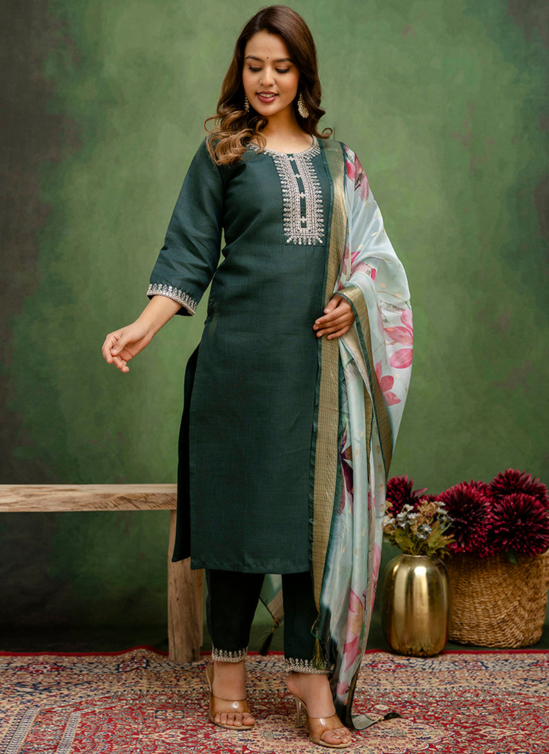 Vellora Cotton Blend Dark Green Casual Wear Embroidery Work Readymade Salwar Suit | Grocsy