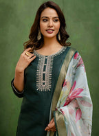 Vellora Cotton Blend Dark Green Casual Wear Embroidery Work Readymade Salwar Suit | Grocsy