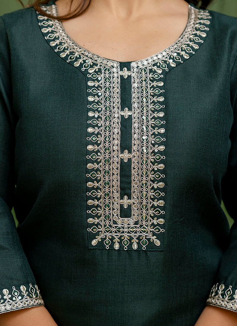 Vellora Cotton Blend Dark Green Casual Wear Embroidery Work Readymade Salwar Suit | Grocsy