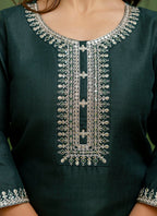 Vellora Cotton Blend Dark Green Casual Wear Embroidery Work Readymade Salwar Suit | Grocsy