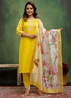 Vellora Cotton Blend Lime Green Casual Wear Embroidery Work Readymade Salwar Suit | Grocsy