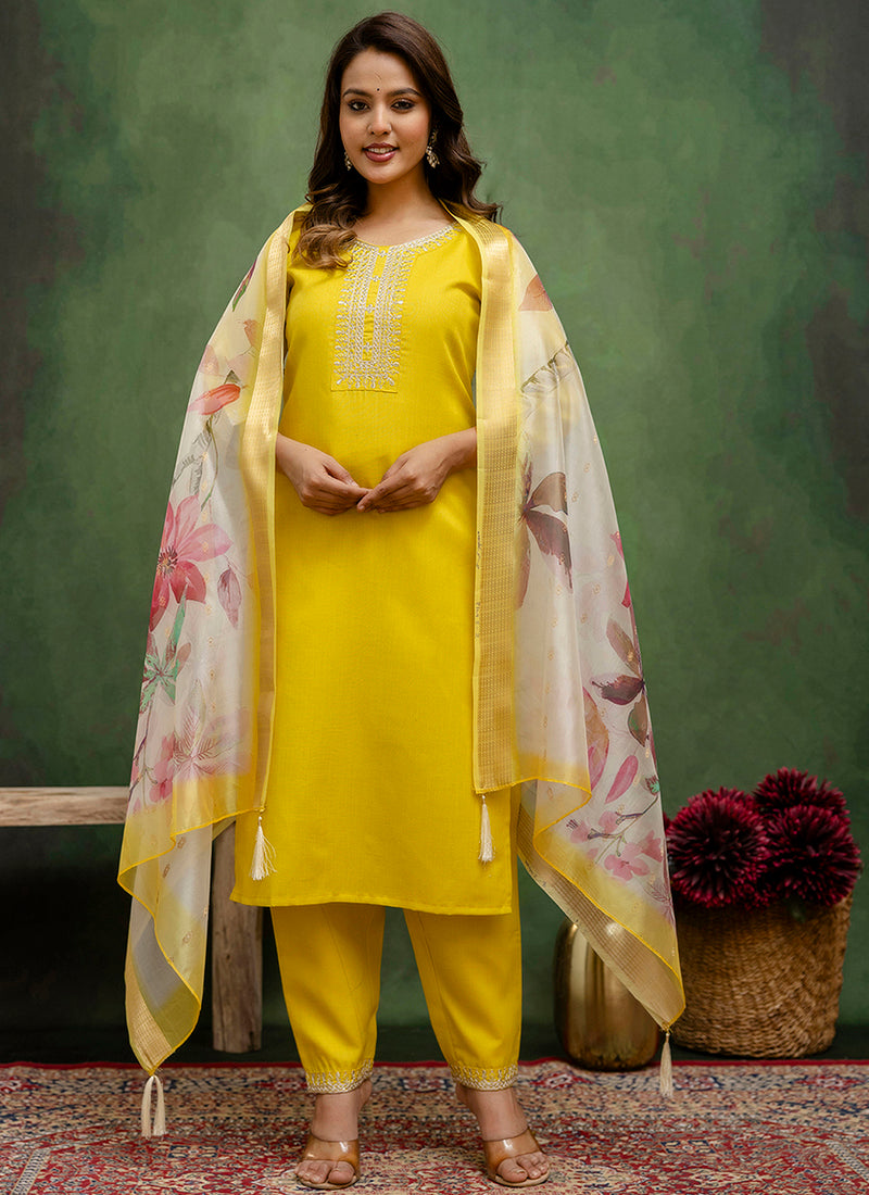 Vellora Cotton Blend Lime Green Casual Wear Embroidery Work Readymade Salwar Suit | Grocsy