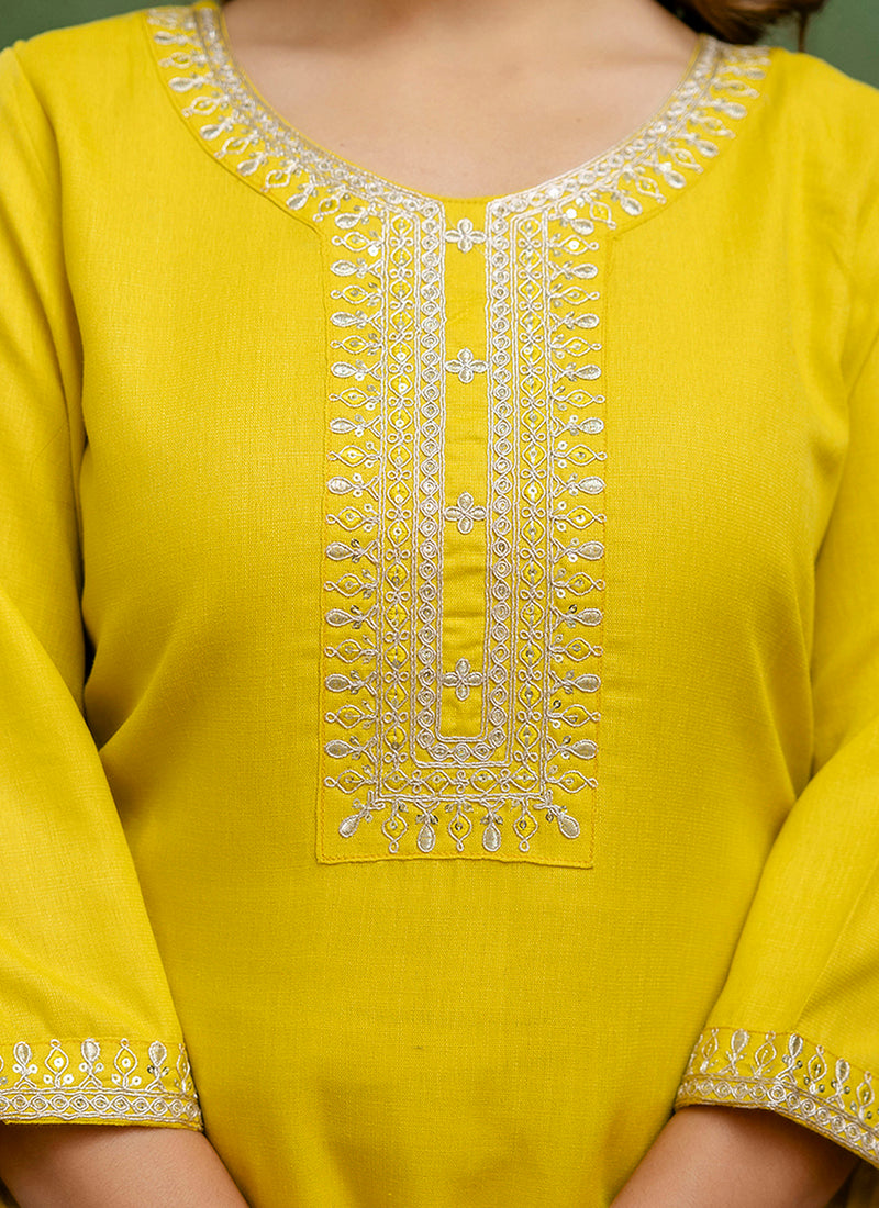 Vellora Cotton Blend Lime Green Casual Wear Embroidery Work Readymade Salwar Suit | Grocsy