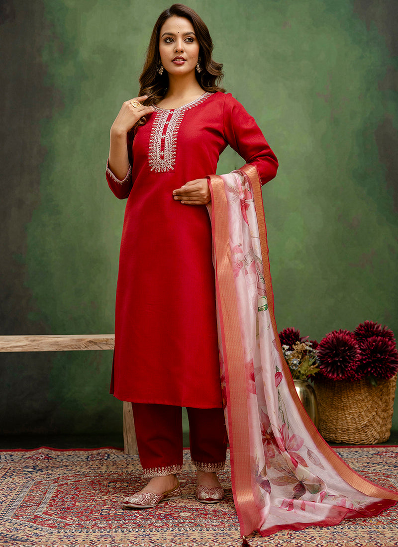 Vellora Cotton Blend Red Casual Wear Embroidery Work Readymade Salwar Suit | Grocsy
