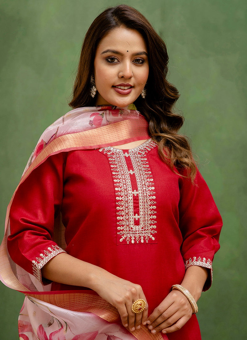 Vellora Cotton Blend Red Casual Wear Embroidery Work Readymade Salwar Suit | Grocsy