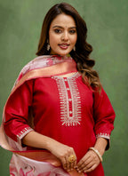 Vellora Cotton Blend Red Casual Wear Embroidery Work Readymade Salwar Suit | Grocsy