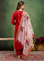 Vellora Cotton Blend Red Casual Wear Embroidery Work Readymade Salwar Suit | Grocsy