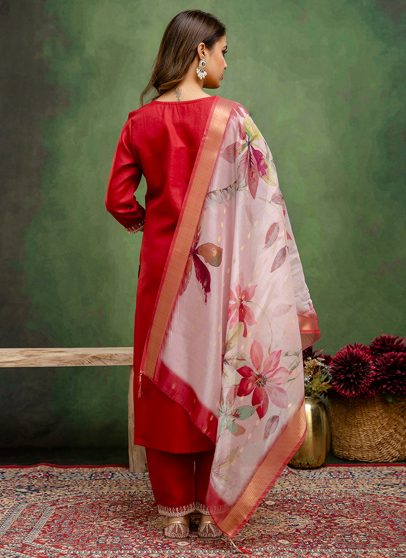 Vellora Cotton Blend Red Casual Wear Embroidery Work Readymade Salwar Suit | Grocsy