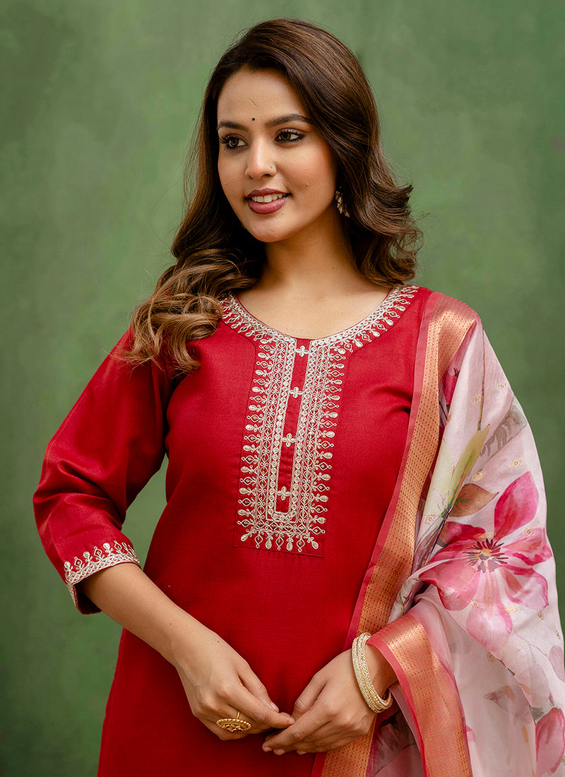 Vellora Cotton Blend Red Casual Wear Embroidery Work Readymade Salwar Suit | Grocsy
