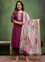 Vellora Cotton Blend Wine Casual Wear Embroidery Work Readymade Salwar Suit | Grocsy