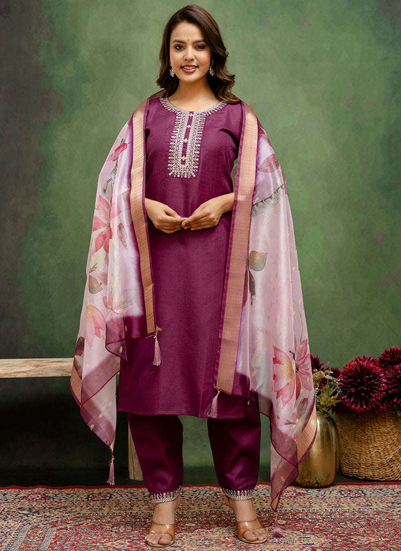 Vellora Cotton Blend Wine Casual Wear Embroidery Work Readymade Salwar Suit | Grocsy