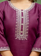 Vellora Cotton Blend Wine Casual Wear Embroidery Work Readymade Salwar Suit | Grocsy