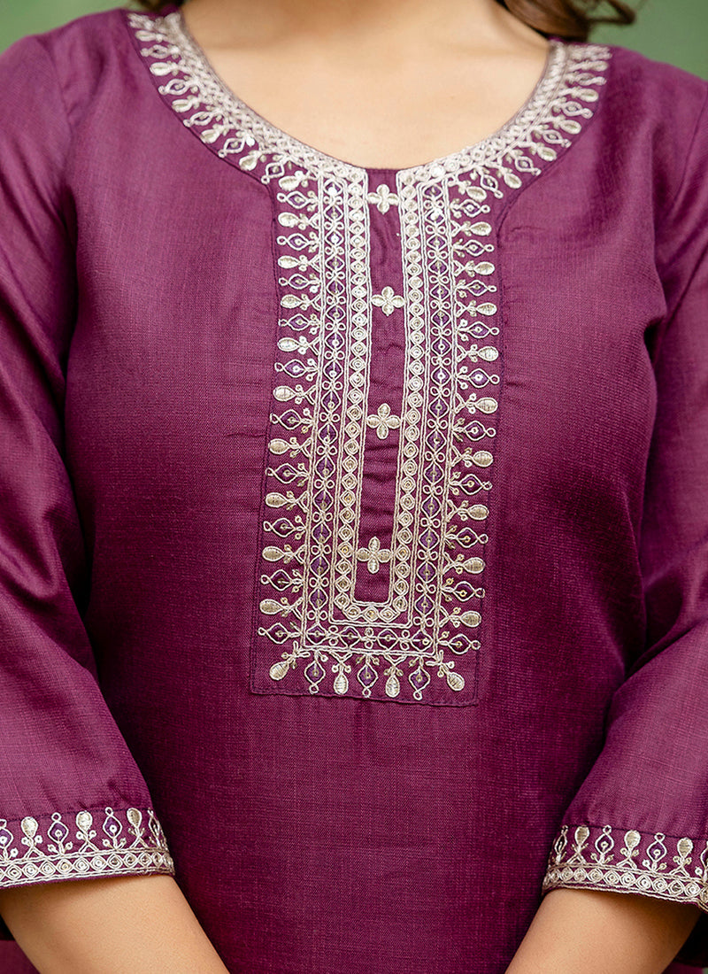 Vellora Cotton Blend Wine Casual Wear Embroidery Work Readymade Salwar Suit | Grocsy