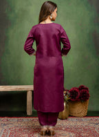 Vellora Cotton Blend Wine Casual Wear Embroidery Work Readymade Salwar Suit | Grocsy