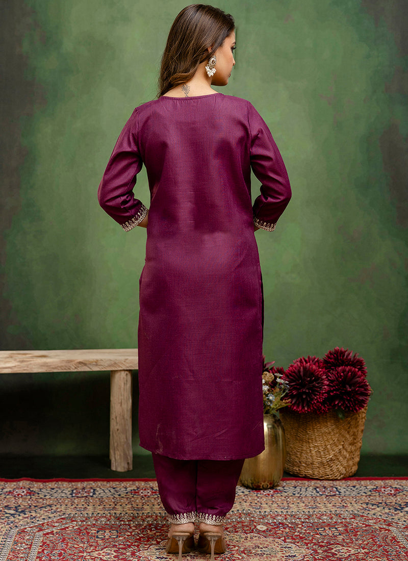 Vellora Cotton Blend Wine Casual Wear Embroidery Work Readymade Salwar Suit | Grocsy