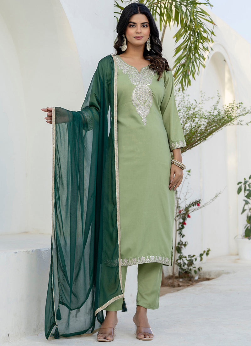 Vellora Silk Blend Pista Casual Wear Embroidery Work Readymade Salwar Suit | Grocsy