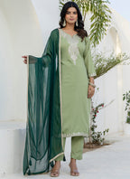 Vellora Silk Blend Pista Casual Wear Embroidery Work Readymade Salwar Suit | Grocsy