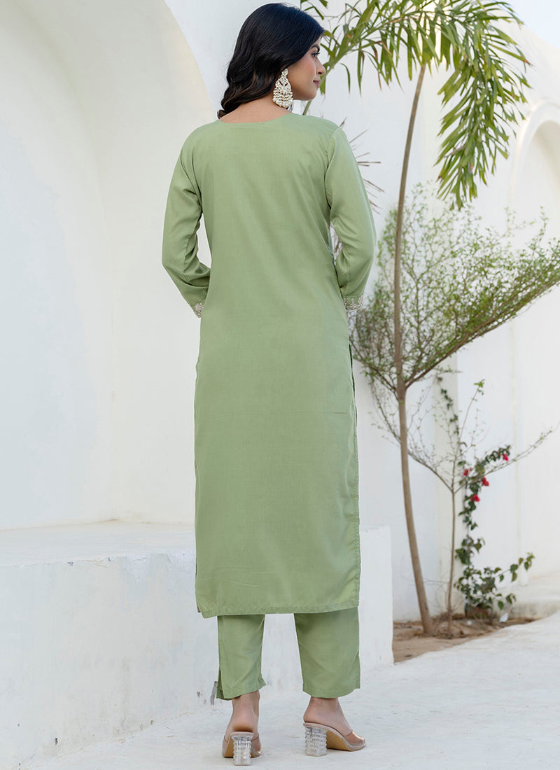 Vellora Silk Blend Pista Casual Wear Embroidery Work Readymade Salwar Suit | Grocsy
