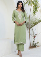 Vellora Silk Blend Pista Casual Wear Embroidery Work Readymade Salwar Suit | Grocsy