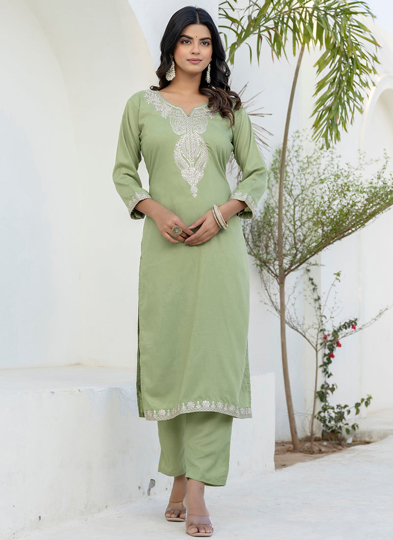 Vellora Silk Blend Pista Casual Wear Embroidery Work Readymade Salwar Suit | Grocsy