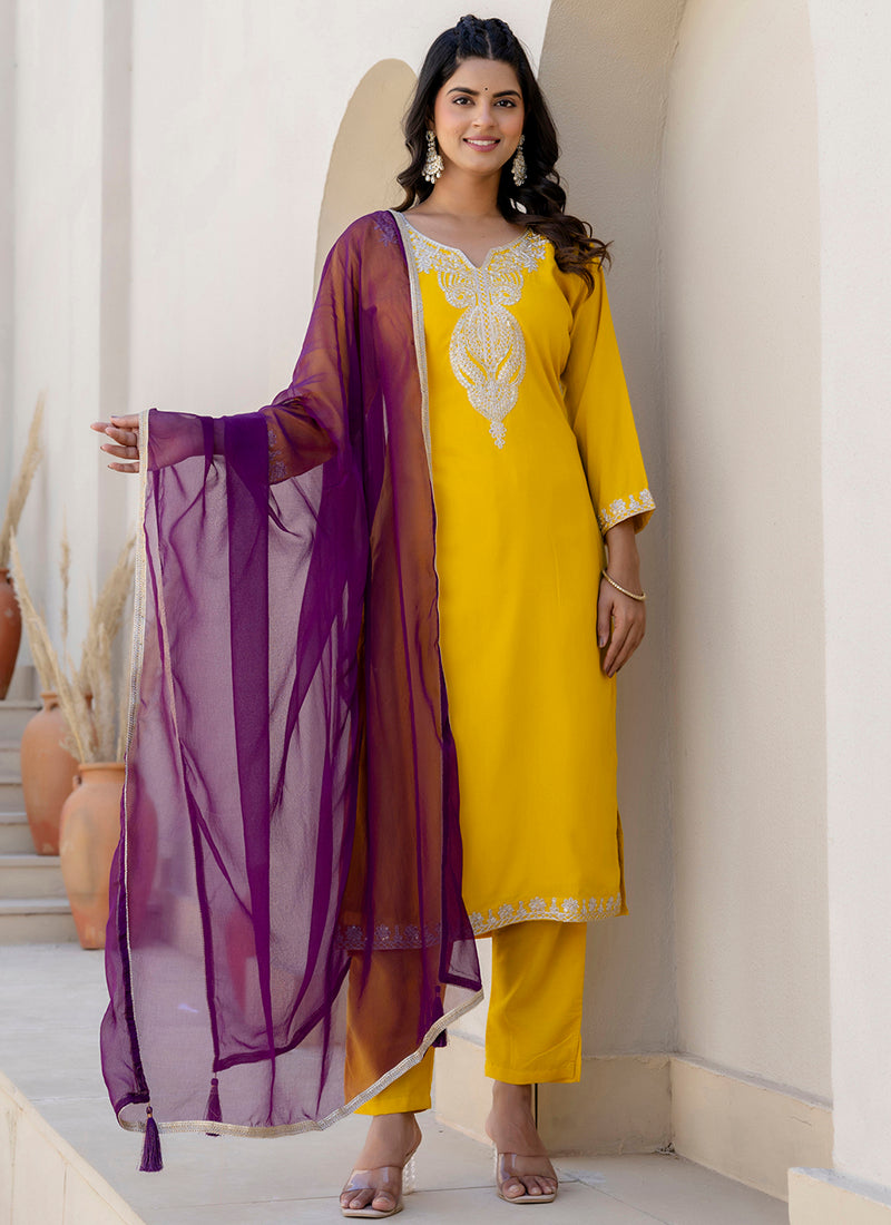 Vellora Silk Blend Yellow Casual Wear Embroidery Work Readymade Salwar Suit | Grocsy