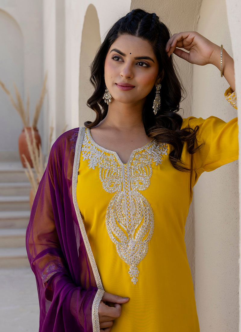 Vellora Silk Blend Yellow Casual Wear Embroidery Work Readymade Salwar Suit | Grocsy
