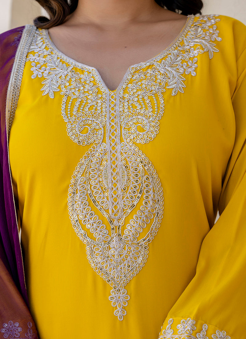 Vellora Silk Blend Yellow Casual Wear Embroidery Work Readymade Salwar Suit | Grocsy