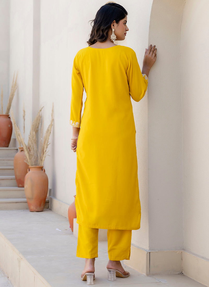 Vellora Silk Blend Yellow Casual Wear Embroidery Work Readymade Salwar Suit | Grocsy