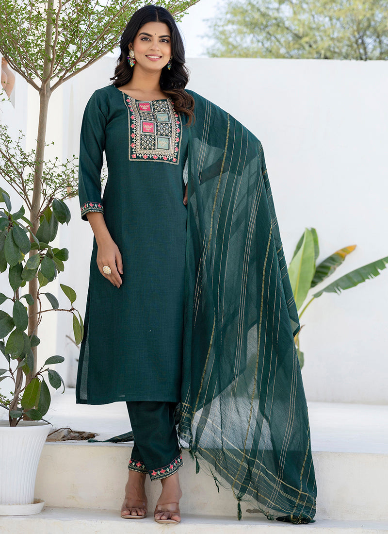 Vellora Cotton Blend Teal Casual Wear Embroidery Work Readymade Salwar Suit | Grocsy