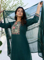 Vellora Cotton Blend Teal Casual Wear Embroidery Work Readymade Salwar Suit | Grocsy