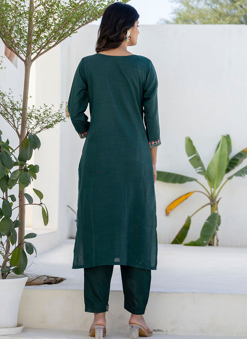 Vellora Cotton Blend Teal Casual Wear Embroidery Work Readymade Salwar Suit | Grocsy