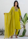 Vellora Cotton Blend Lime Green Casual Wear Embroidery Work Readymade Salwar Suit | Grocsy