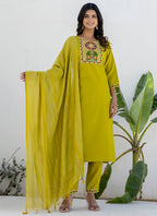 Vellora Cotton Blend Lime Green Casual Wear Embroidery Work Readymade Salwar Suit | Grocsy