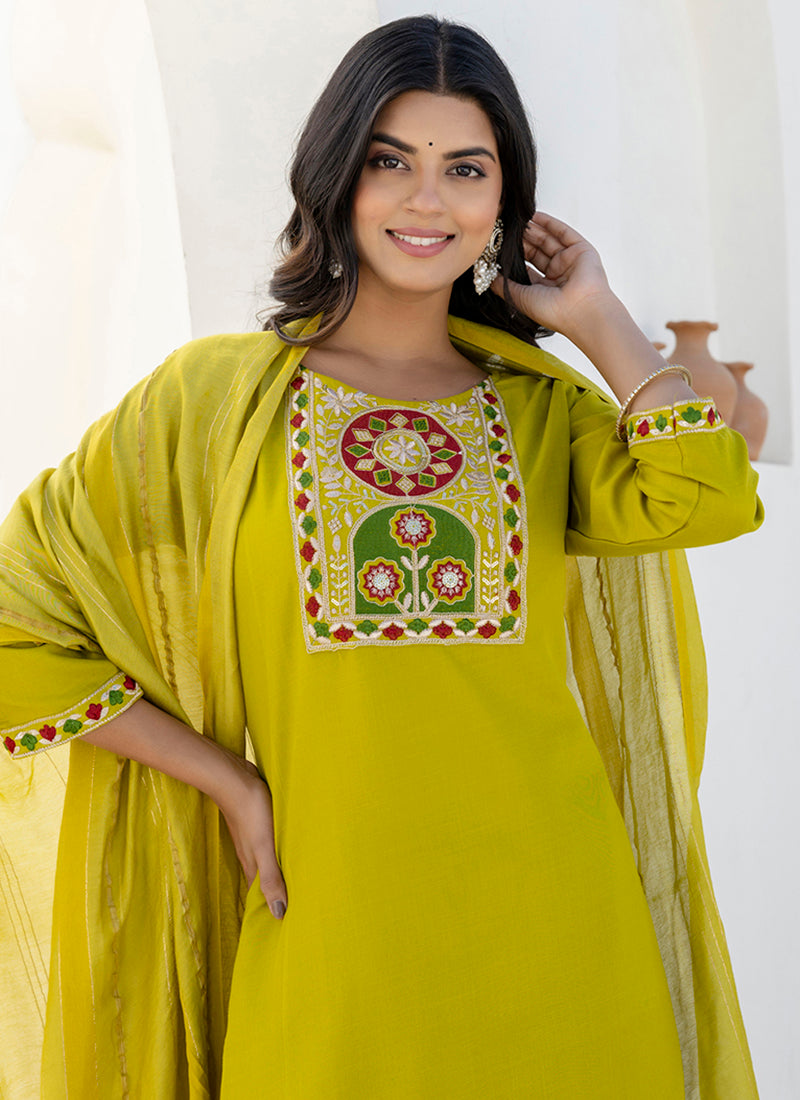 Vellora Cotton Blend Lime Green Casual Wear Embroidery Work Readymade Salwar Suit | Grocsy
