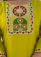 Vellora Cotton Blend Lime Green Casual Wear Embroidery Work Readymade Salwar Suit | Grocsy