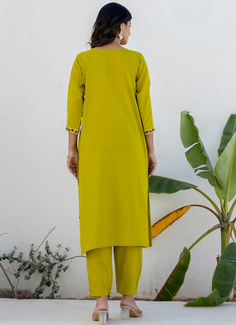 Vellora Cotton Blend Lime Green Casual Wear Embroidery Work Readymade Salwar Suit | Grocsy