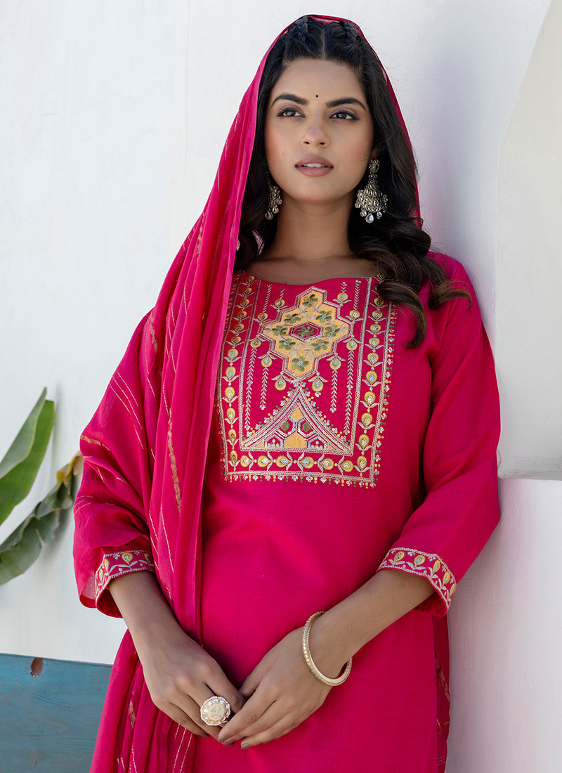 Vellora Cotton Blend Rani Pink Casual Wear Embroidery Work Readymade Salwar Suit | Grocsy