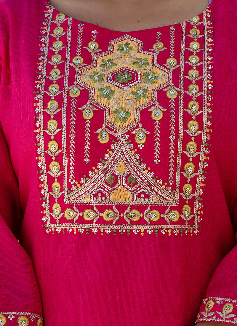 Vellora Cotton Blend Rani Pink Casual Wear Embroidery Work Readymade Salwar Suit | Grocsy
