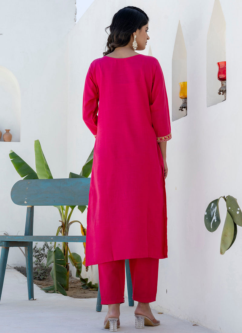 Vellora Cotton Blend Rani Pink Casual Wear Embroidery Work Readymade Salwar Suit | Grocsy