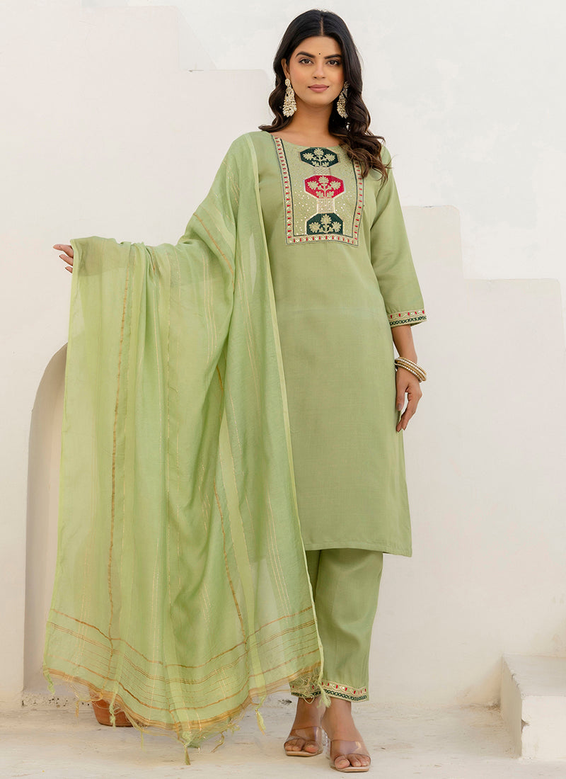 Vellora Cotton Blend Pista Casual Wear Embroidery Work Readymade Salwar Suit | Grocsy