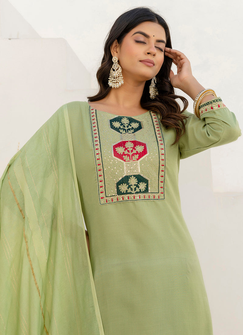 Vellora Cotton Blend Pista Casual Wear Embroidery Work Readymade Salwar Suit | Grocsy