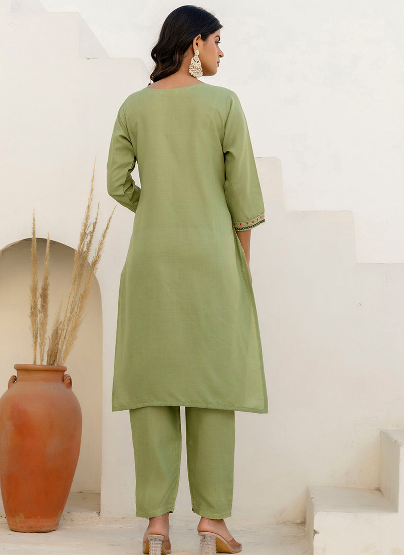 Vellora Cotton Blend Pista Casual Wear Embroidery Work Readymade Salwar Suit | Grocsy