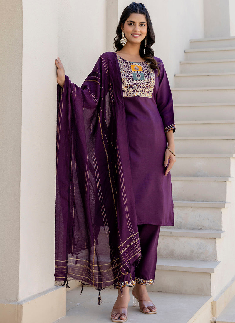 Vellora Cotton Blend Violet Casual Wear Embroidery Work Readymade Salwar Suit | Grocsy