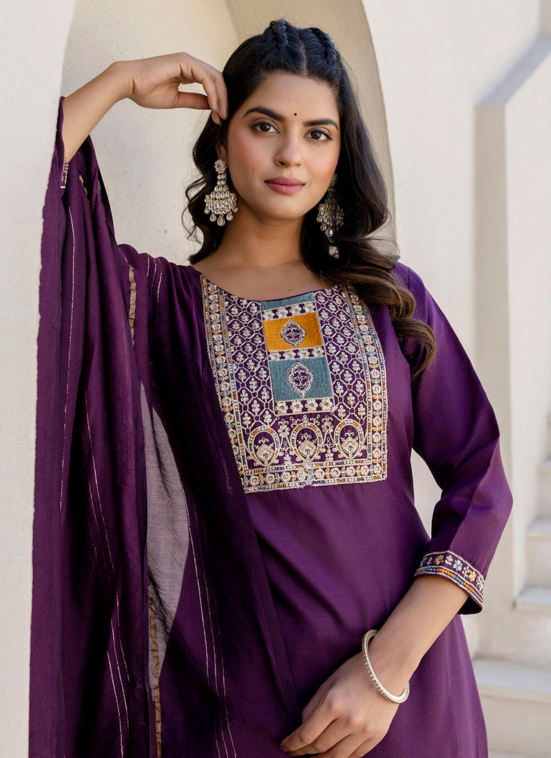 Vellora Cotton Blend Violet Casual Wear Embroidery Work Readymade Salwar Suit | Grocsy