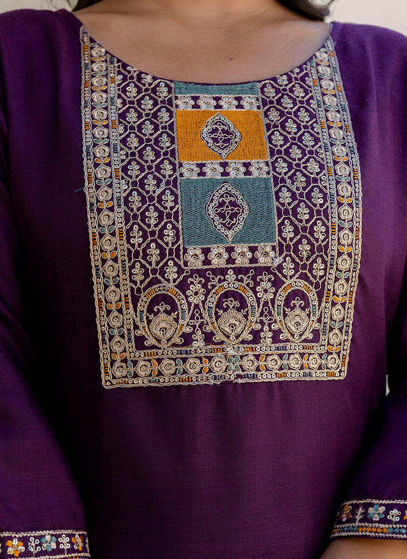 Vellora Cotton Blend Violet Casual Wear Embroidery Work Readymade Salwar Suit | Grocsy