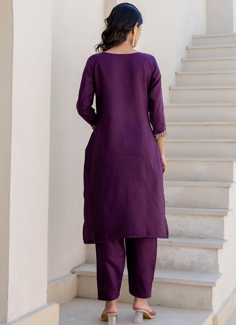 Vellora Cotton Blend Violet Casual Wear Embroidery Work Readymade Salwar Suit | Grocsy