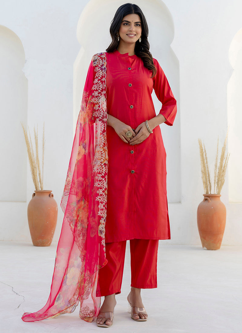 Vellora Shimmer Silk Red Casual Wear Floral Print Readymade Salwar Suit | Grocsy